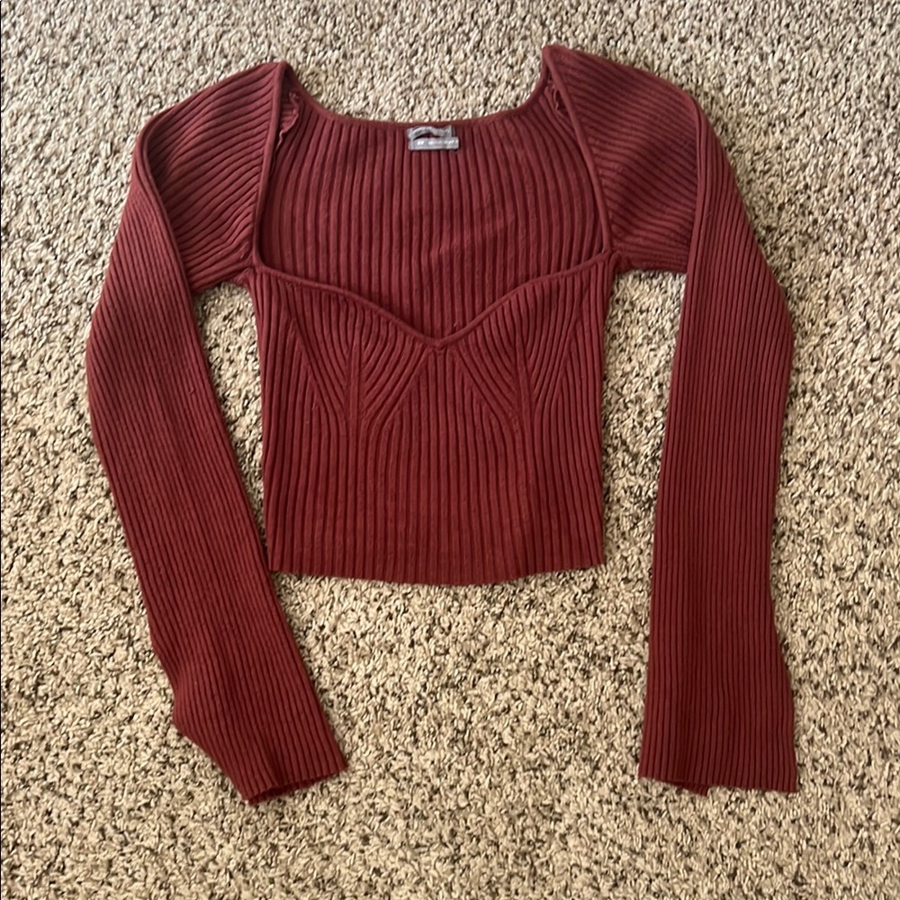 Red Ribbed Long Sleeve Bustier Blouse